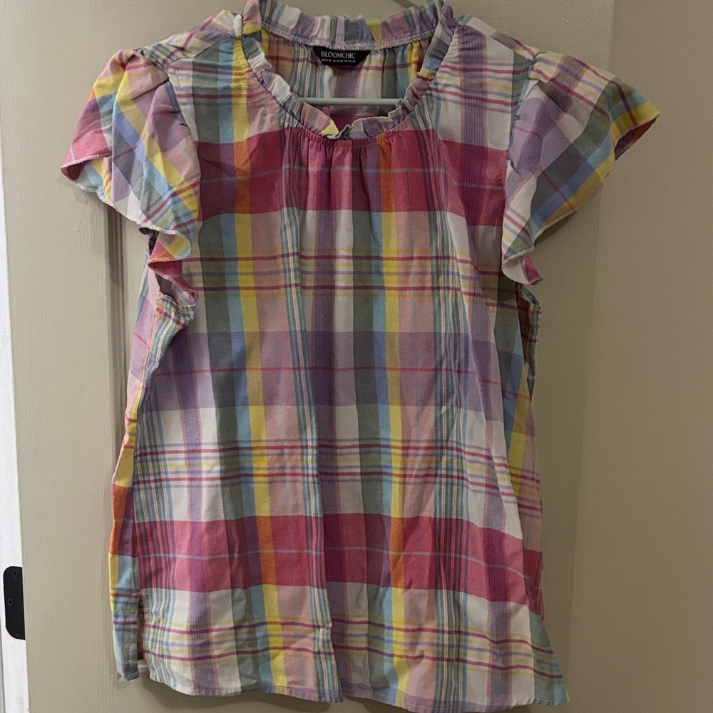 Bloomingdale's Pastel Plaid Flutter Sleeve Top